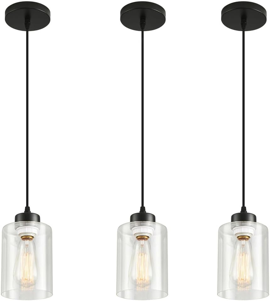 Modern Black Farmhouse Pendant Light with Glass Shade,Industrial Pendant Lighting, Adjustable Hanging Light Fixtures, Farmhouse Pendant Lighting