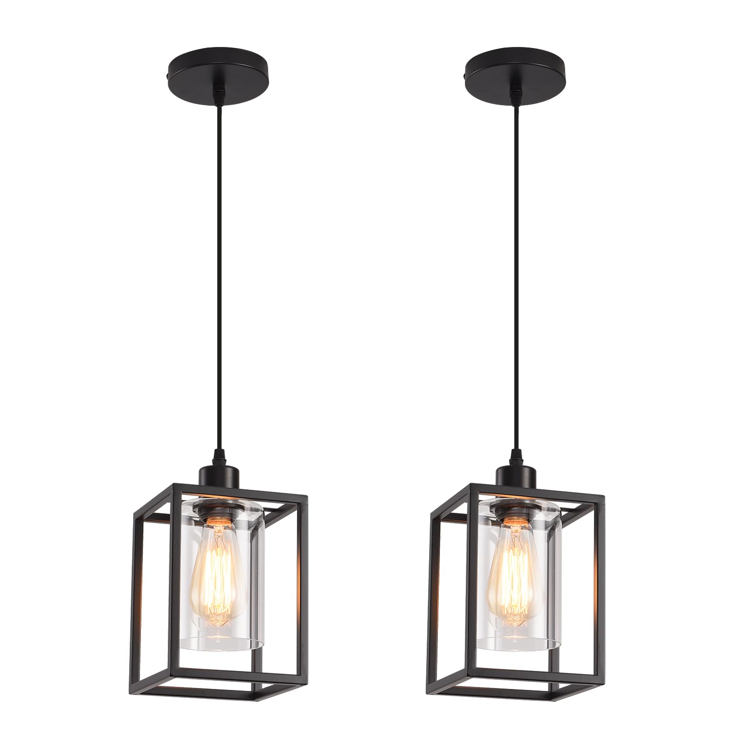 3 Pack Black Pendant Lights for Kitchen Island Industrial Lantern Pendant Light Fixtures with Clear Glass Shade, Farmhouse Adjustable Height Hanging Pendant Lighting for Dining Room