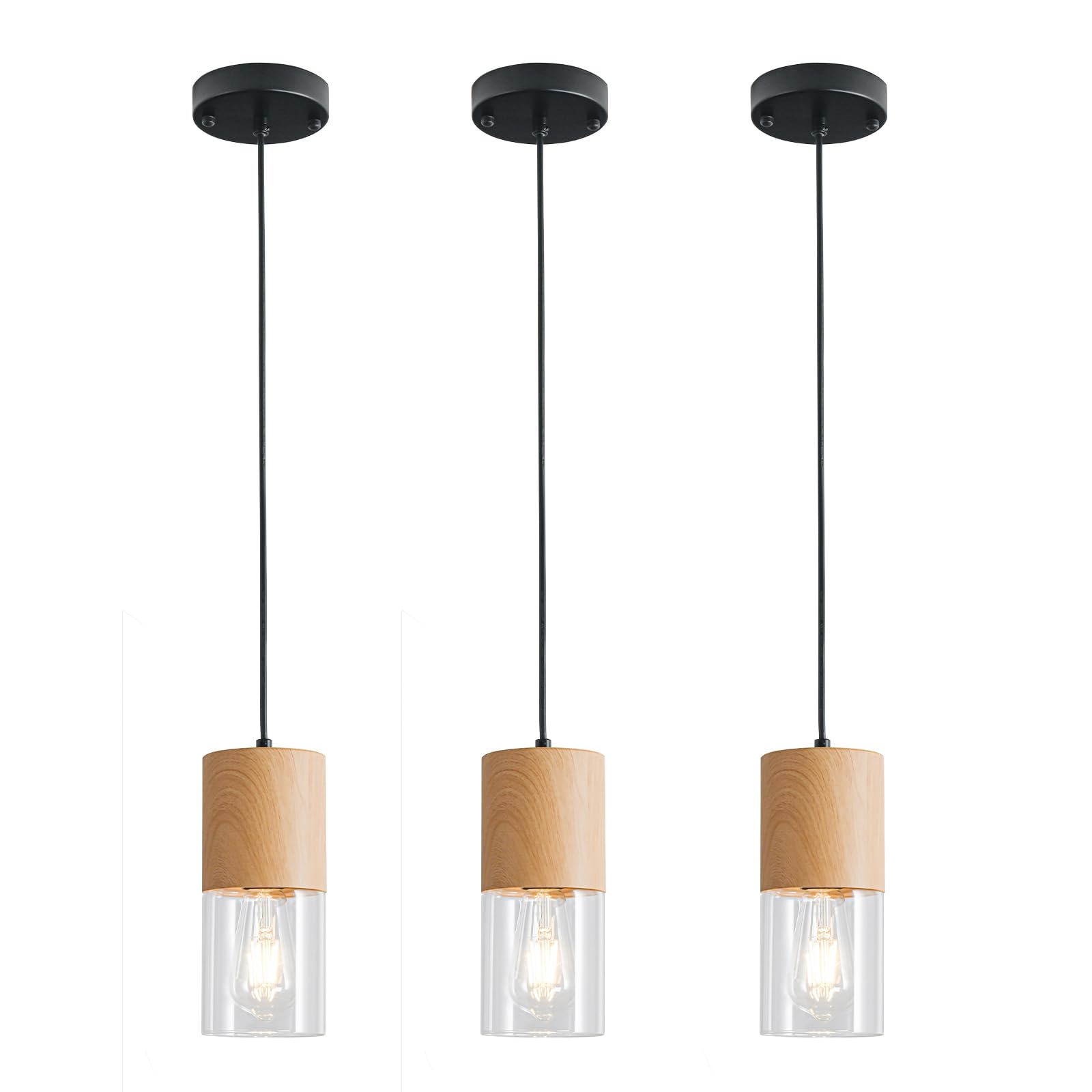 3-Pack Black Pendant Light Fixtures, Adjustable Modern Pendant Lights for Kitchen Island, Industrial Glass Pendant Lights for Dining Table Hallway Bedroom Living Room
