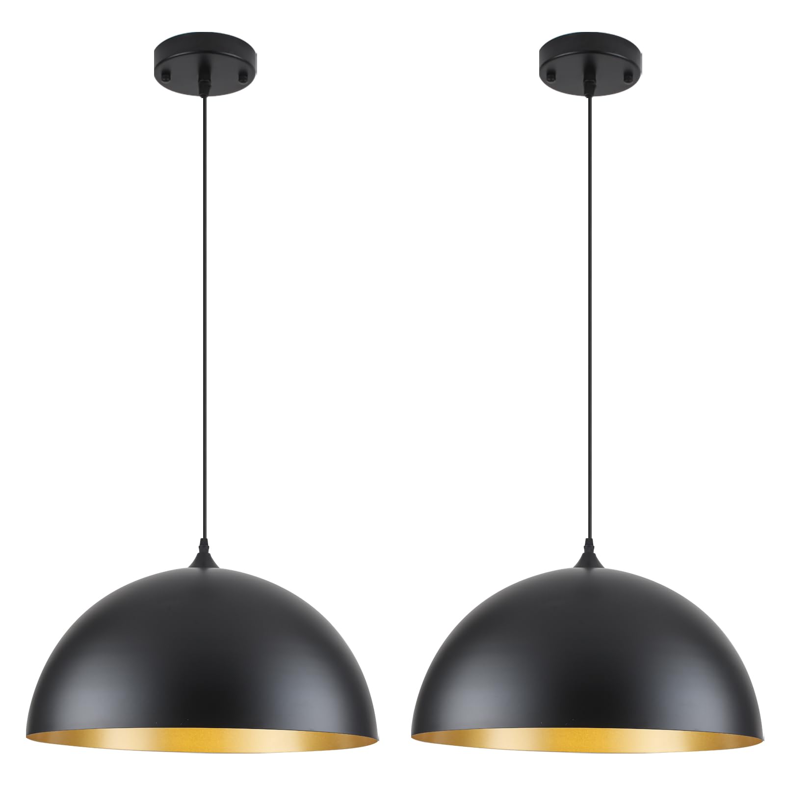 Farmhouse Pendant Lighting for Kitchen Island,Black and Gold Dome Pendant Light Fixtures, Industrial Hanging Ceiling Light for Dining Room Foyer Cafe Kitchen Sink,2 Pack