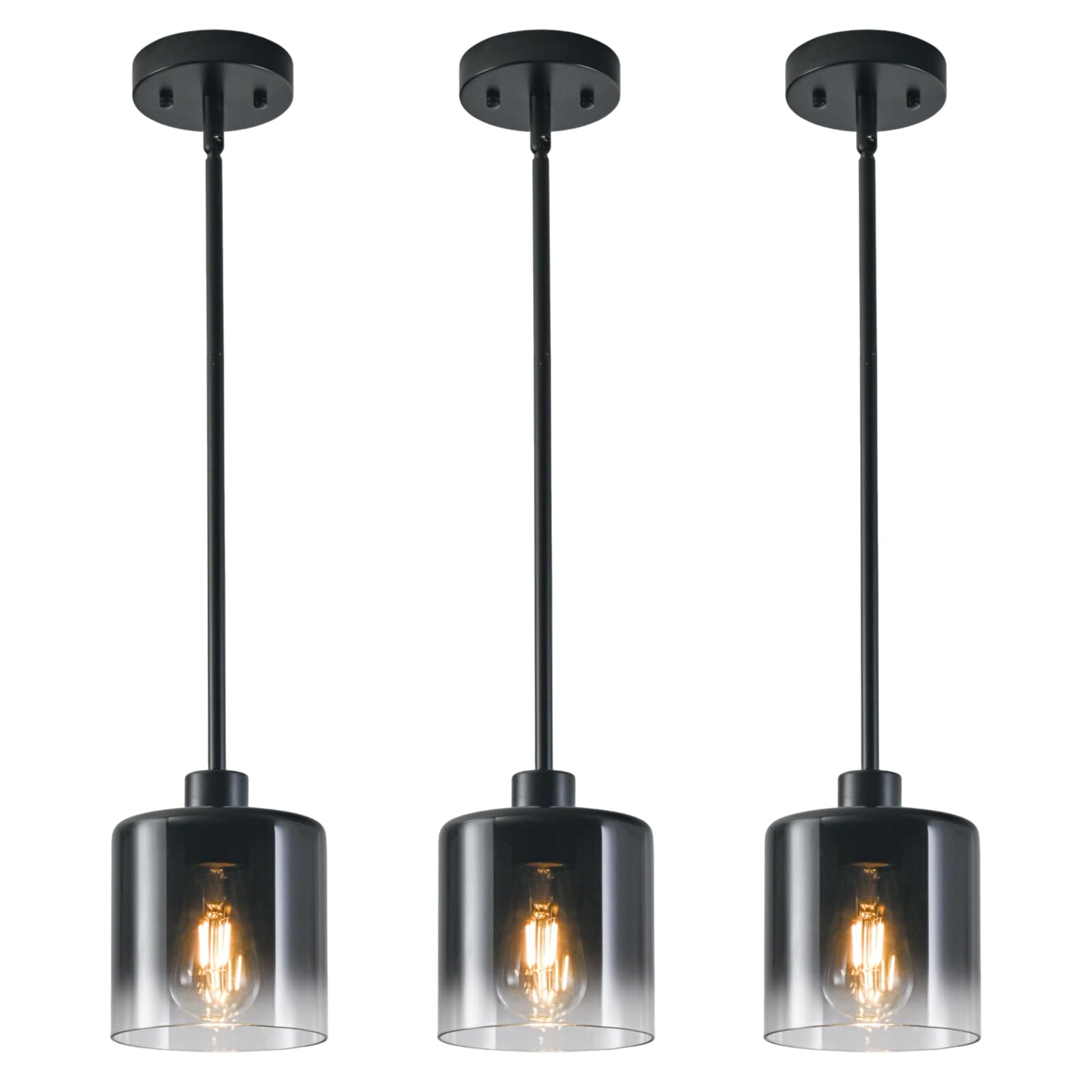 2-Pack Black Pendant Light Fixtures, Adjustable Modern Pendant Lights for Kitchen Island, Industrial Glass Pendant Lights for Dining Table Hallway Bedroom Living Room
