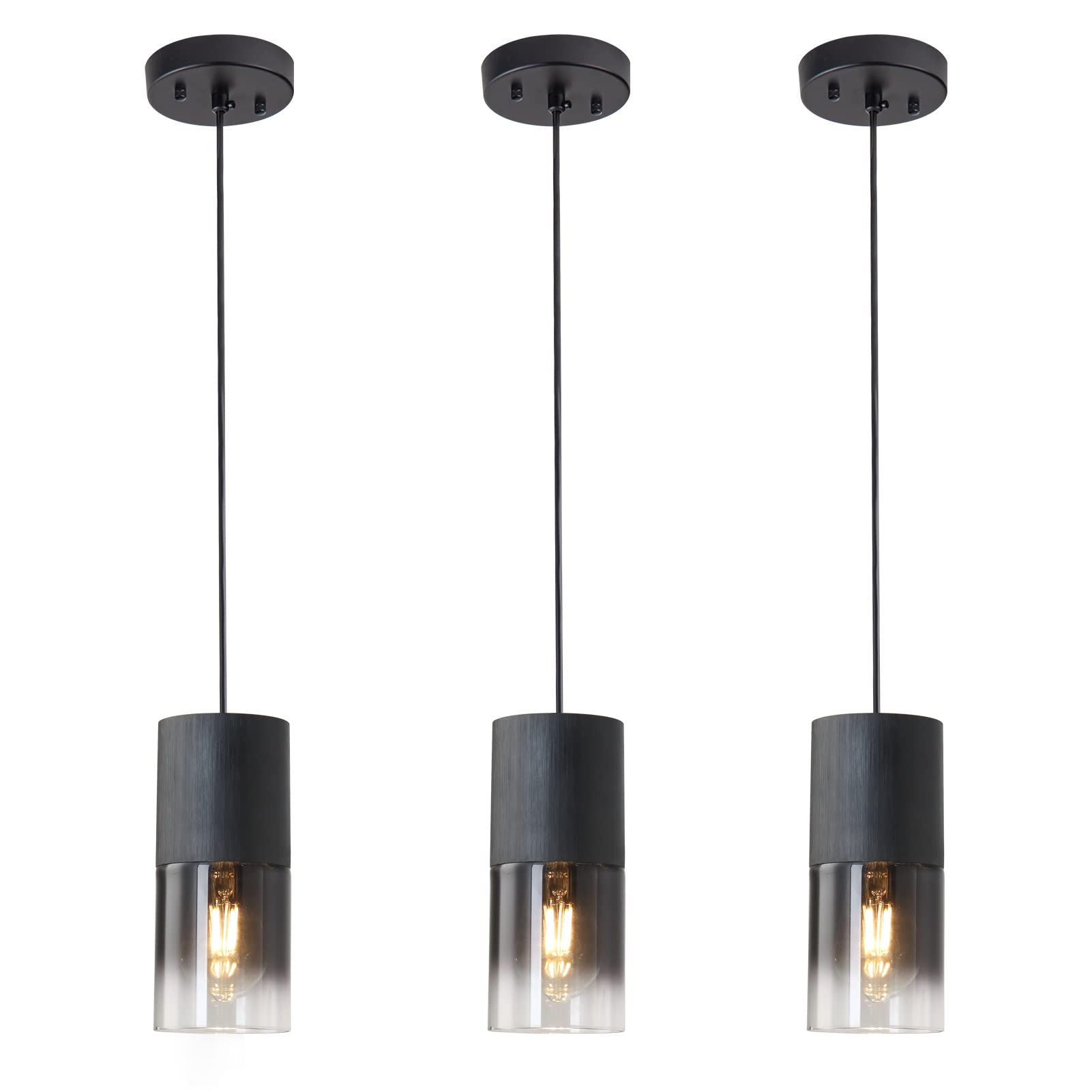 3-Pack Black Pendant Light Fixtures, Adjustable Modern Pendant Lights for Kitchen Island, Industrial Glass Pendant Lights for Dining Table Hallway Bedroom Living Room
