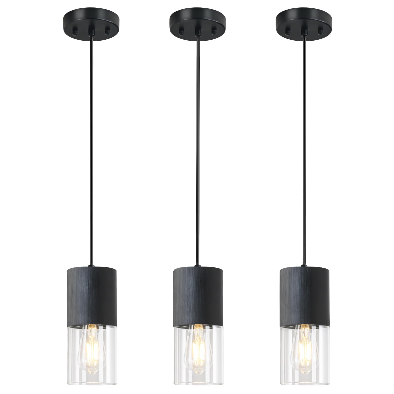 3-Pack Black Pendant Light Fixtures, Adjustable Modern Pendant Lights for Kitchen Island, Industrial Glass Pendant Lights for Dining Table Hallway Bedroom Living Room