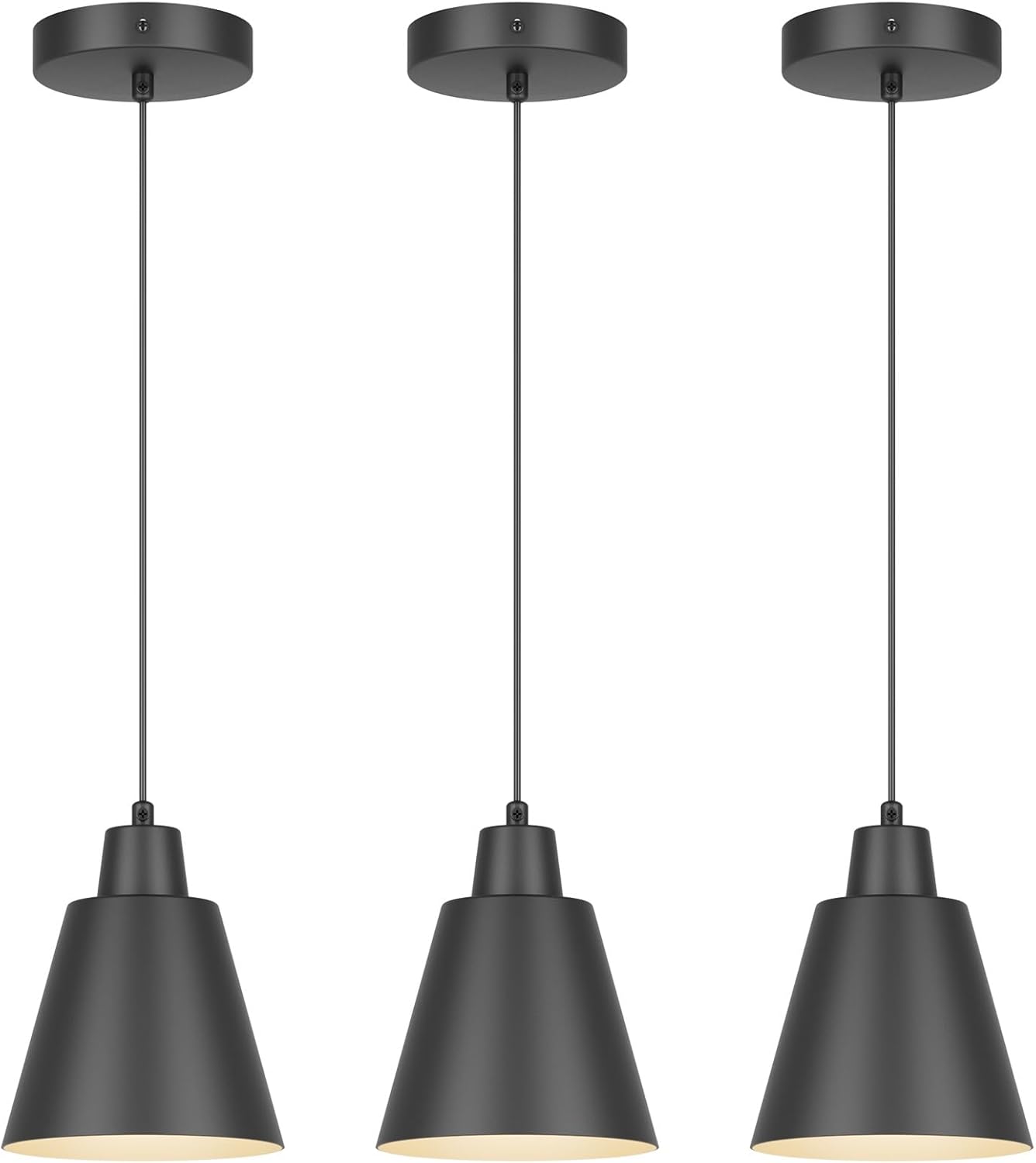 Industrial Pendant Lights, Black Pendant Light Fixtures, Vintage Kitchen Island Light with Black Metal Shade, Farmhouse Pendant Lights for Dinning Table Bedroom Bar - Black, 3 Packs