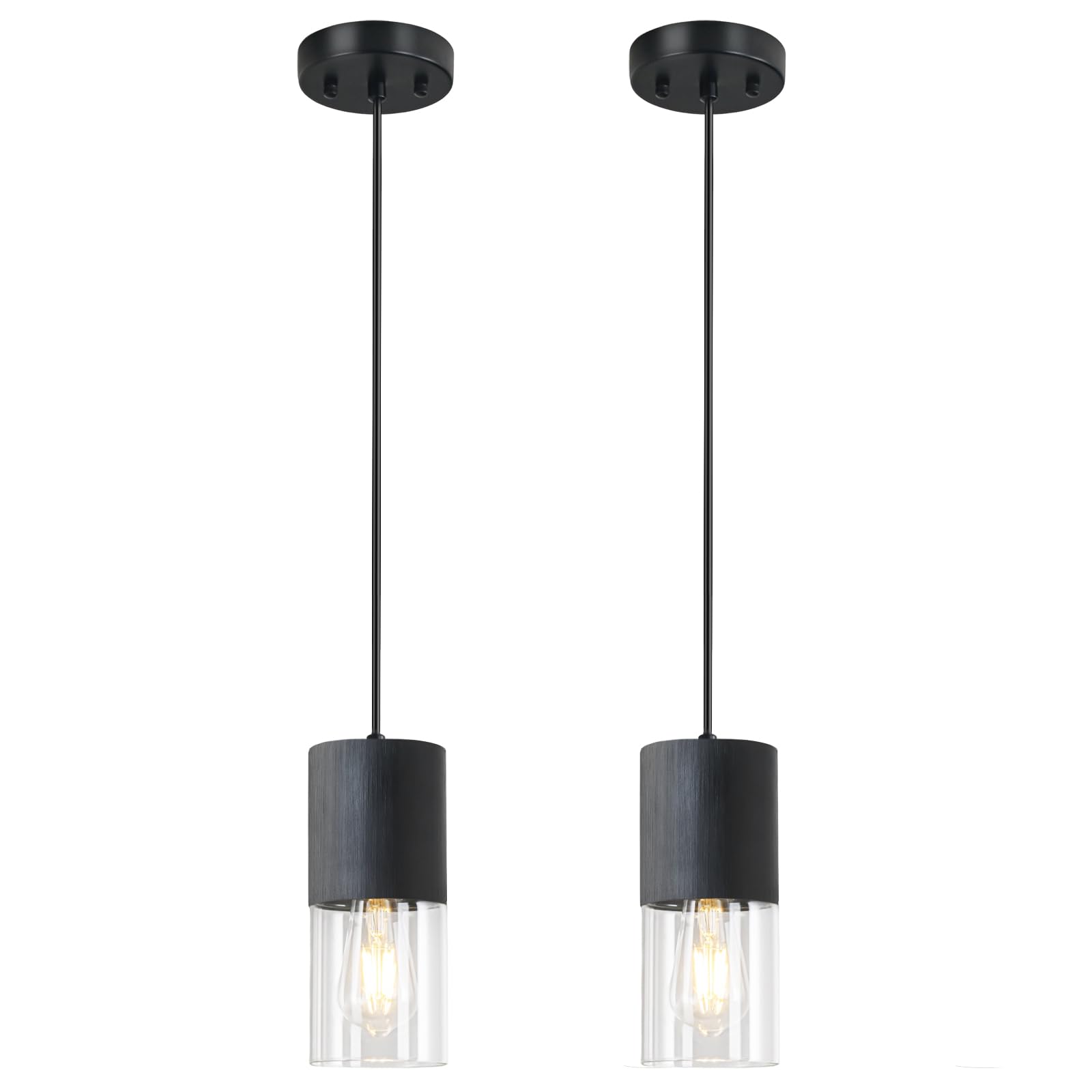 2-Pack Black Pendant Light Fixtures, Adjustable Modern Pendant Lights for Kitchen Island, Industrial Glass Pendant Lights for Dining Table Hallway Bedroom Living Room