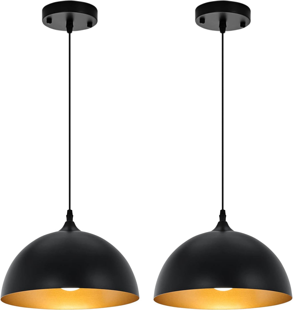 Farmhouse Pendant Lighting for Kitchen Island,Black and Gold Dome Pendant Light Fixtures, Industrial Hanging Ceiling Light for Dining Room Foyer Cafe Kitchen Sink,2 Pack