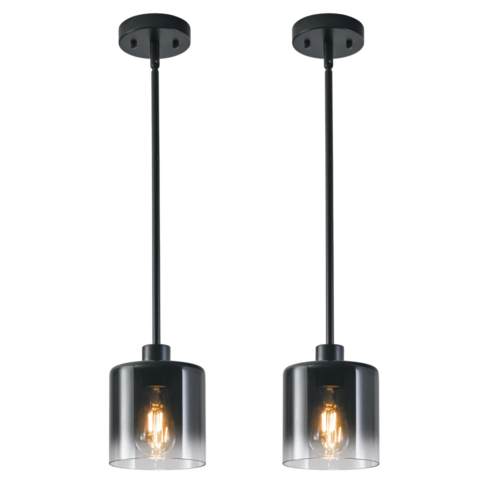 2-Pack Black Pendant Light Fixtures, Adjustable Modern Pendant Lights for Kitchen Island, Industrial Glass Pendant Lights for Dining Table Hallway Bedroom Living Room