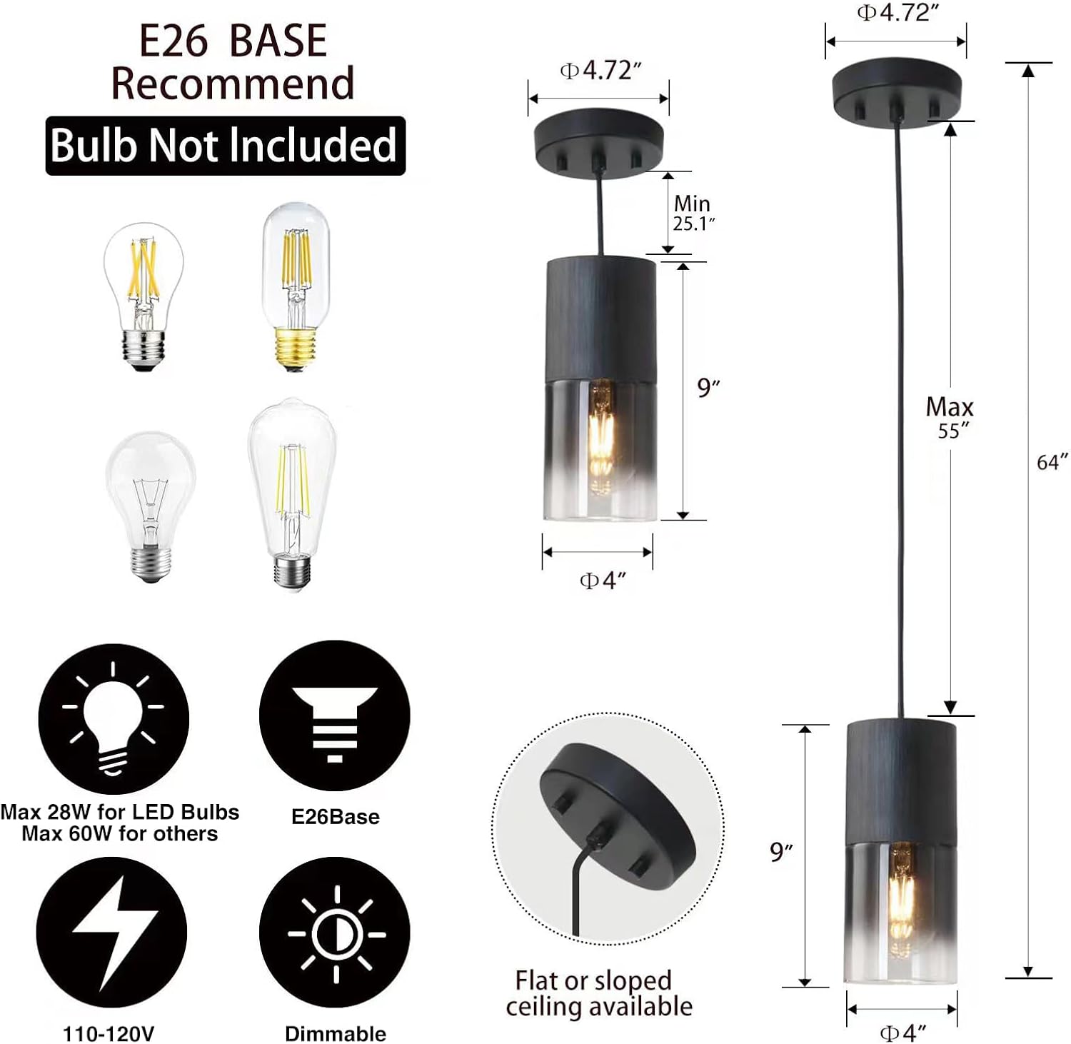 3-Pack Black Pendant Light Fixtures, Adjustable Modern Pendant Lights for Kitchen Island, Industrial Glass Pendant Lights for Dining Table Hallway Bedroom Living Room