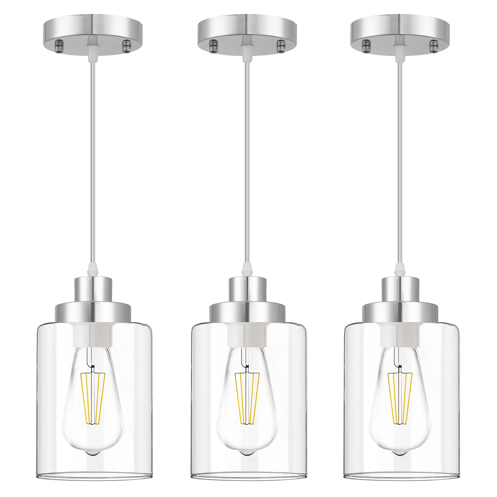 WimiSom Industrial Pendant Lighting, Modern Clear Glass Shade Farmhouse Adjustable Hanging Light Fixtures for Kitchen Island Living Room Bedroom Hallway, 3-Pack