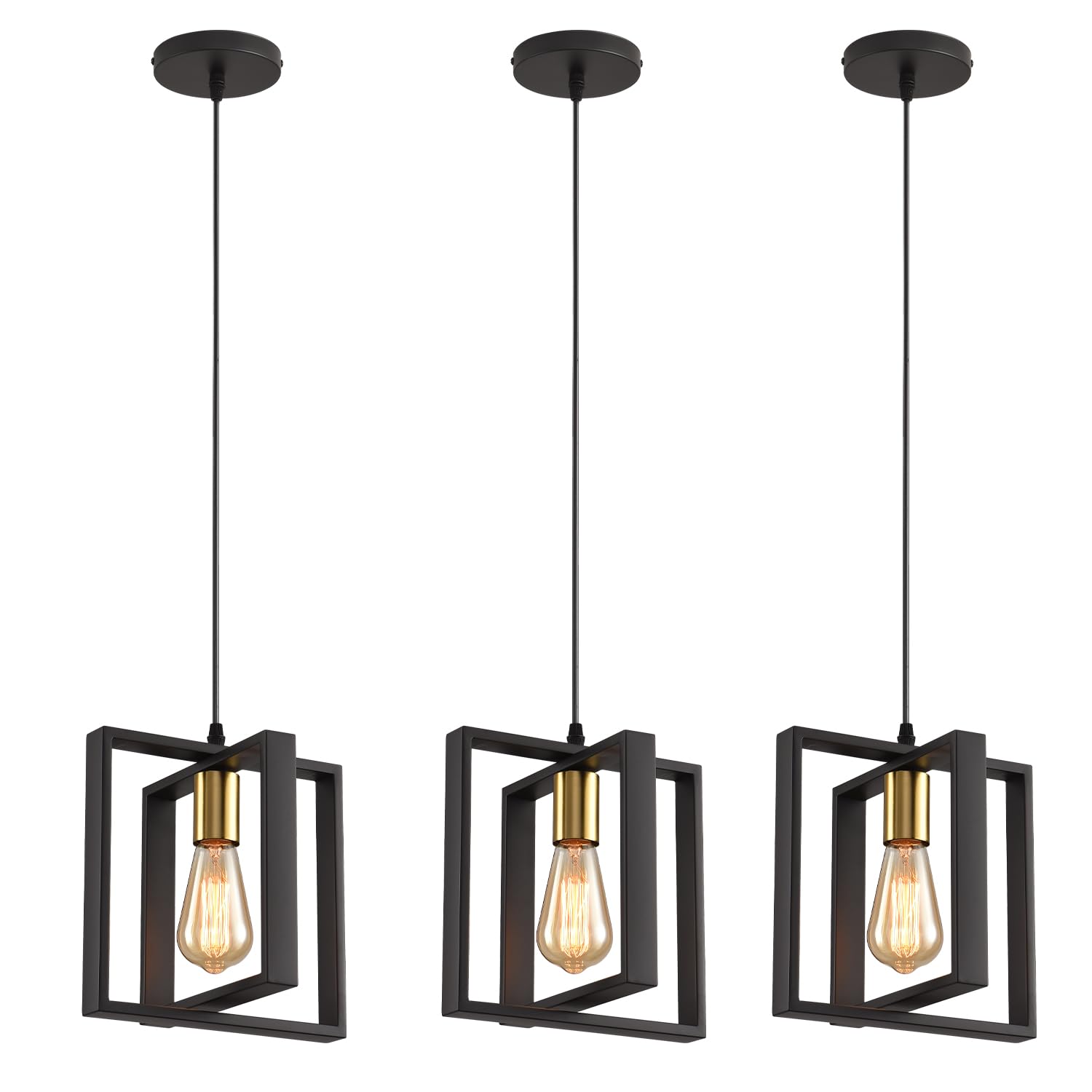 3 Pack Black Pendant Lights for Kitchen Island Industrial Lantern Pendant Light Fixtures with Clear Glass Shade, Farmhouse Adjustable Height Hanging Pendant Lighting for Dining Room