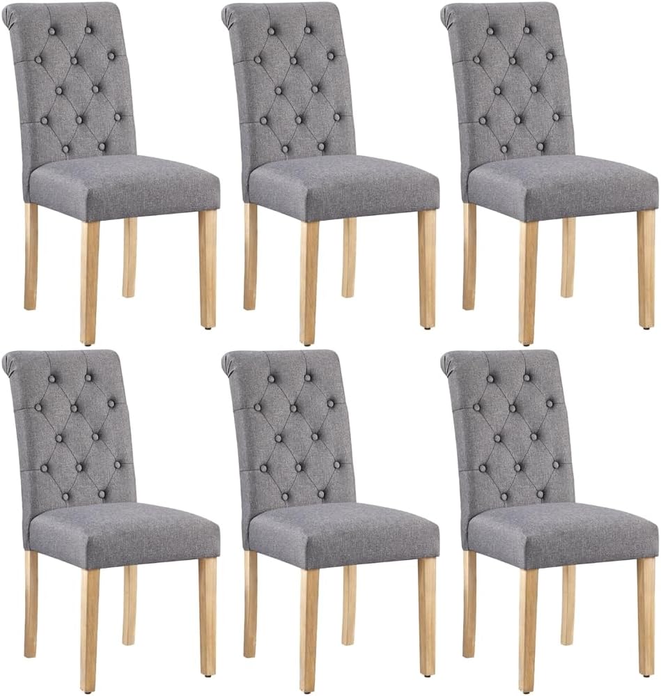 Yaheetech Dining Chairs Set of 6 Fabric Upholstered Dining Room Chairs with Button Tufted High Back and Solid Wood Legs for Kitchen/Living Room/Restaurant, Modern Style, Dark Gray