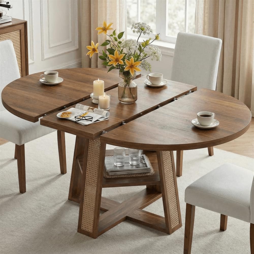 LIKIMIO 43"-59" Extendable Round Dining Table for 4-8, Transformer Oval Dining Room Table with Removable Leaves Space Saving, Wood Base Modern Kitchen Table with Storage Shelf for Living Room, Natural