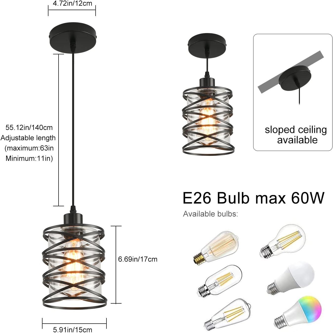 2 Pack Black Spiral Cage Pendant Lights with Clear Glass Shade, Suitable for Kitchen Island, Dining Table, Entryway, Restaurant