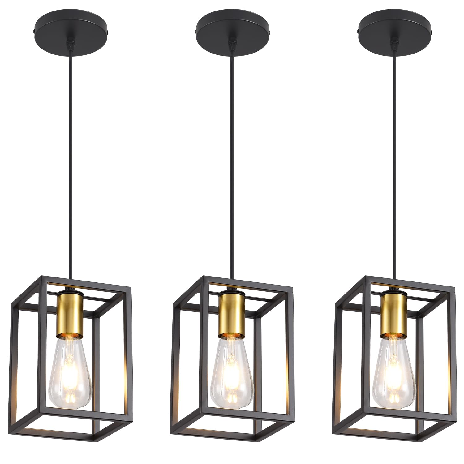 3 Pack Black Pendant Lights for Kitchen Island Industrial Lantern Pendant Light Fixtures with Clear Glass Shade, Farmhouse Adjustable Height Hanging Pendant Lighting for Dining Room