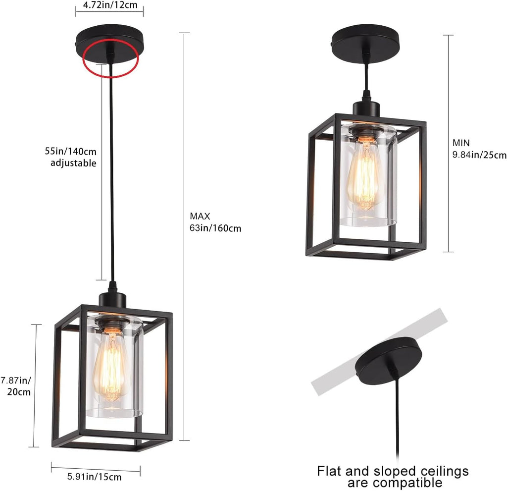 3 Pack Black Pendant Lights for Kitchen Island Industrial Lantern Pendant Light Fixtures with Clear Glass Shade, Farmhouse Adjustable Height Hanging Pendant Lighting for Dining Room