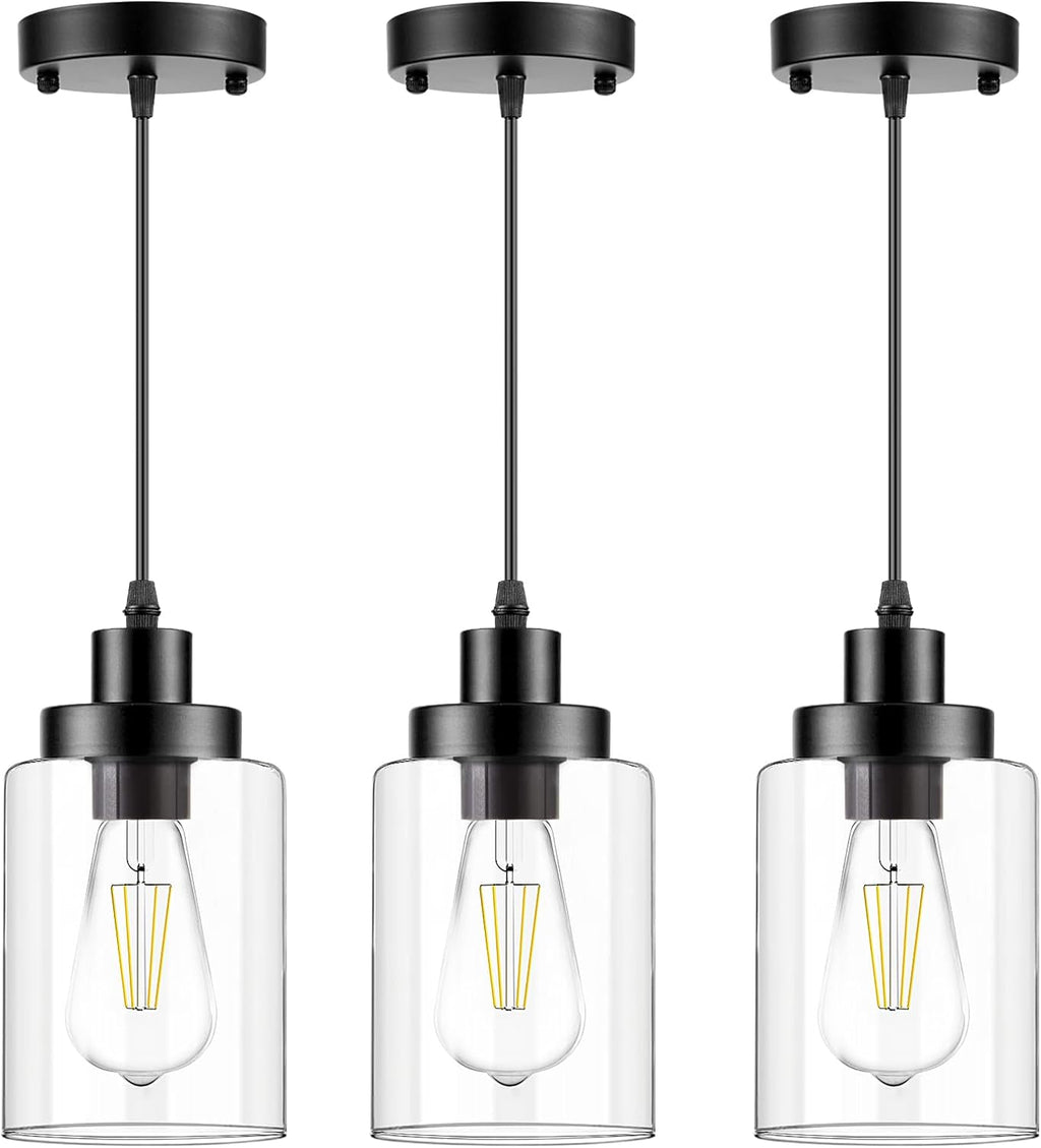 WimiSom Industrial Pendant Lighting, Modern Clear Glass Shade Farmhouse Adjustable Hanging Light Fixtures for Kitchen Island Living Room Bedroom Hallway, 3-Pack