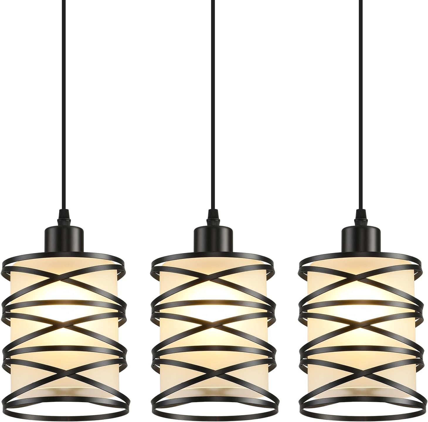 3 Pack Pendant Light Kitchen Island Pendant Lighting, Glass Hanging Light with Spiral Cage Clear Glass Shade, Black Modern Indoor Hanging Lamp