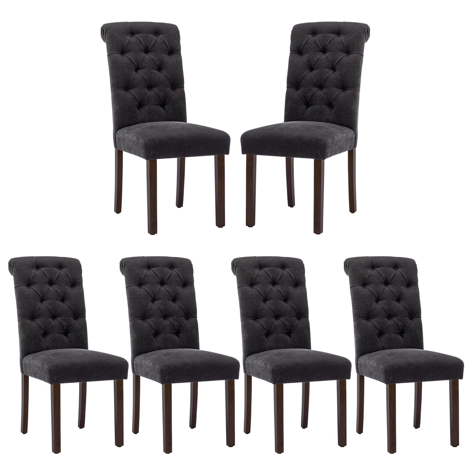 COLAMY Button Tufted Dining Chairs Set of 6, Parsons Upholstered Fabric Dining Room Chairs Kitchen Chairs with Wood Legs and Padded Seat, Taupe