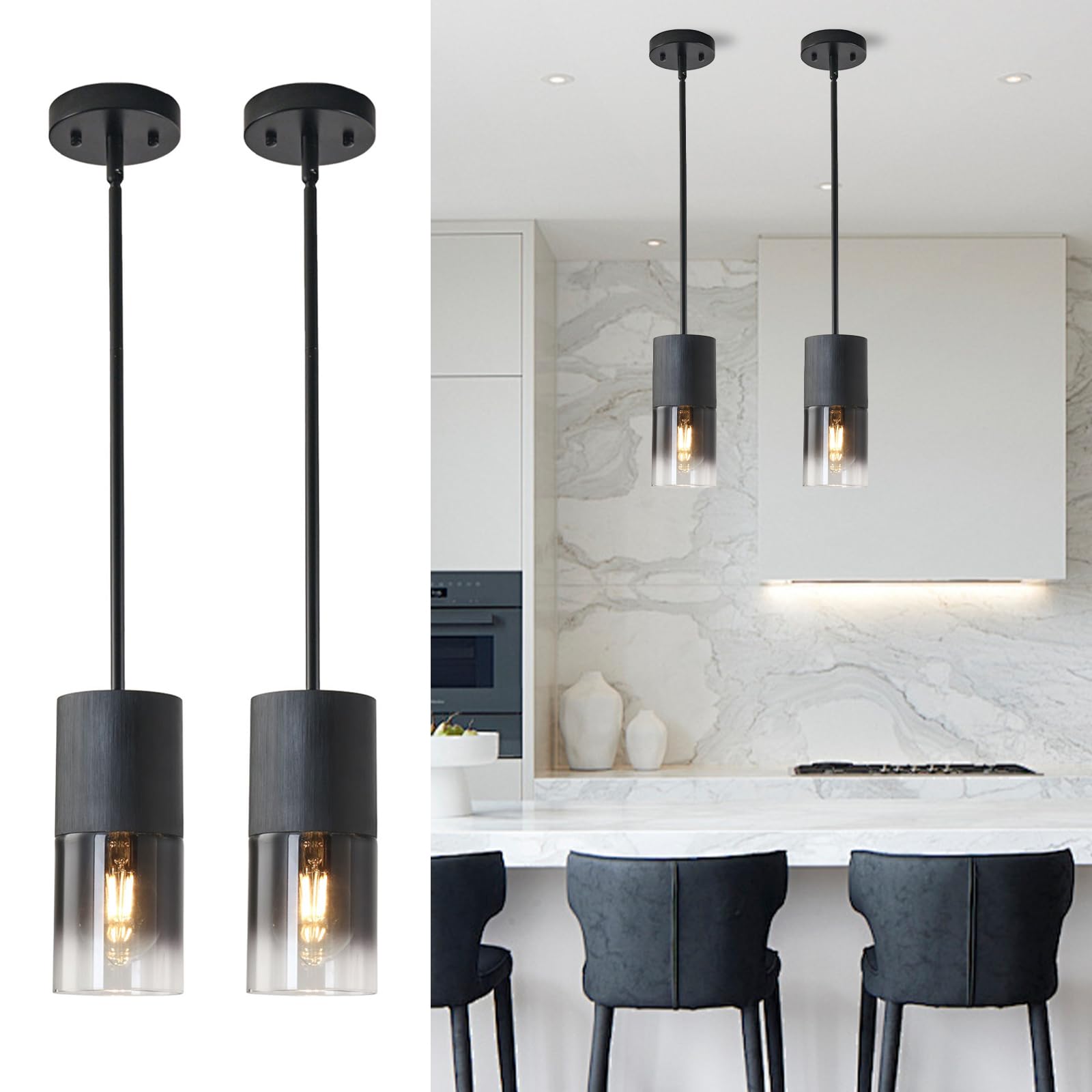 3-Pack Black Pendant Light Fixtures, Adjustable Modern Pendant Lights for Kitchen Island, Industrial Glass Pendant Lights for Dining Table Hallway Bedroom Living Room