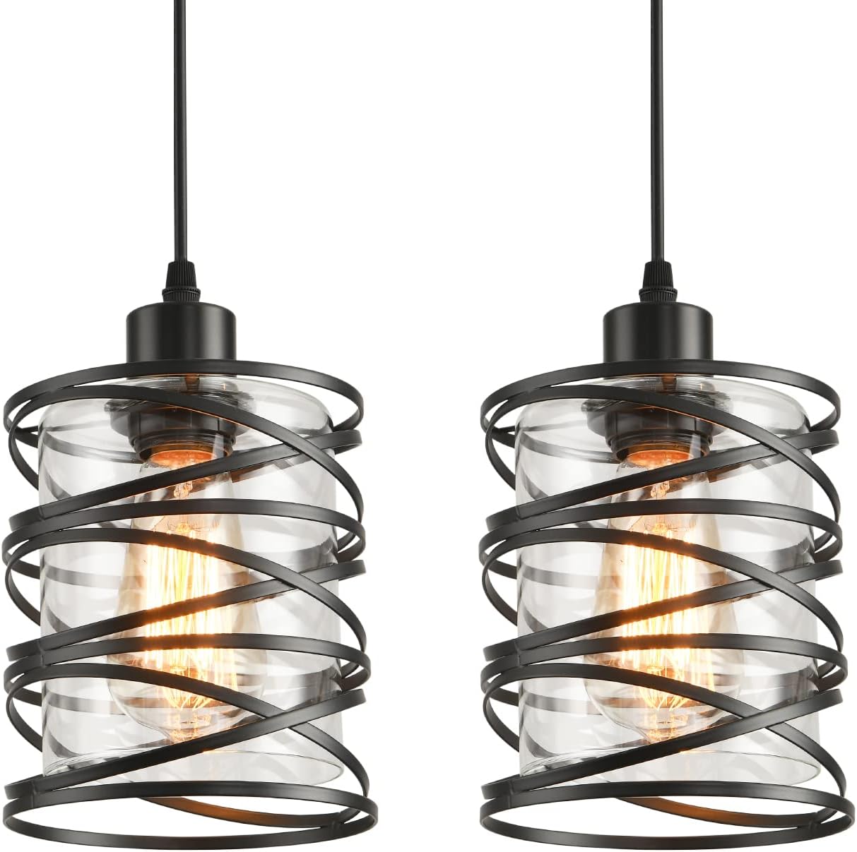 3 Pack Pendant Light Kitchen Island Pendant Lighting, Glass Hanging Light with Spiral Cage Clear Glass Shade, Black Modern Indoor Hanging Lamp