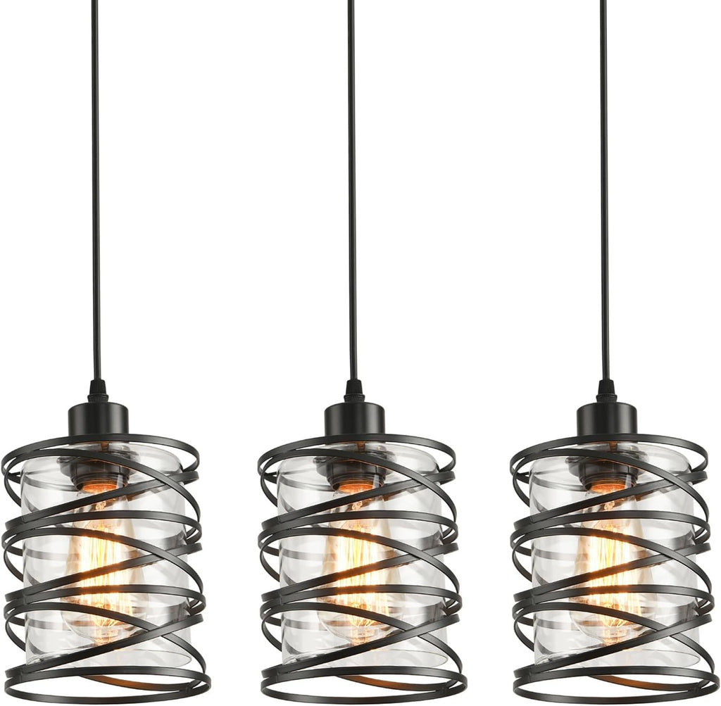 3 Pack Pendant Light Kitchen Island Pendant Lighting, Glass Hanging Light with Spiral Cage Clear Glass Shade, Black Modern Indoor Hanging Lamp