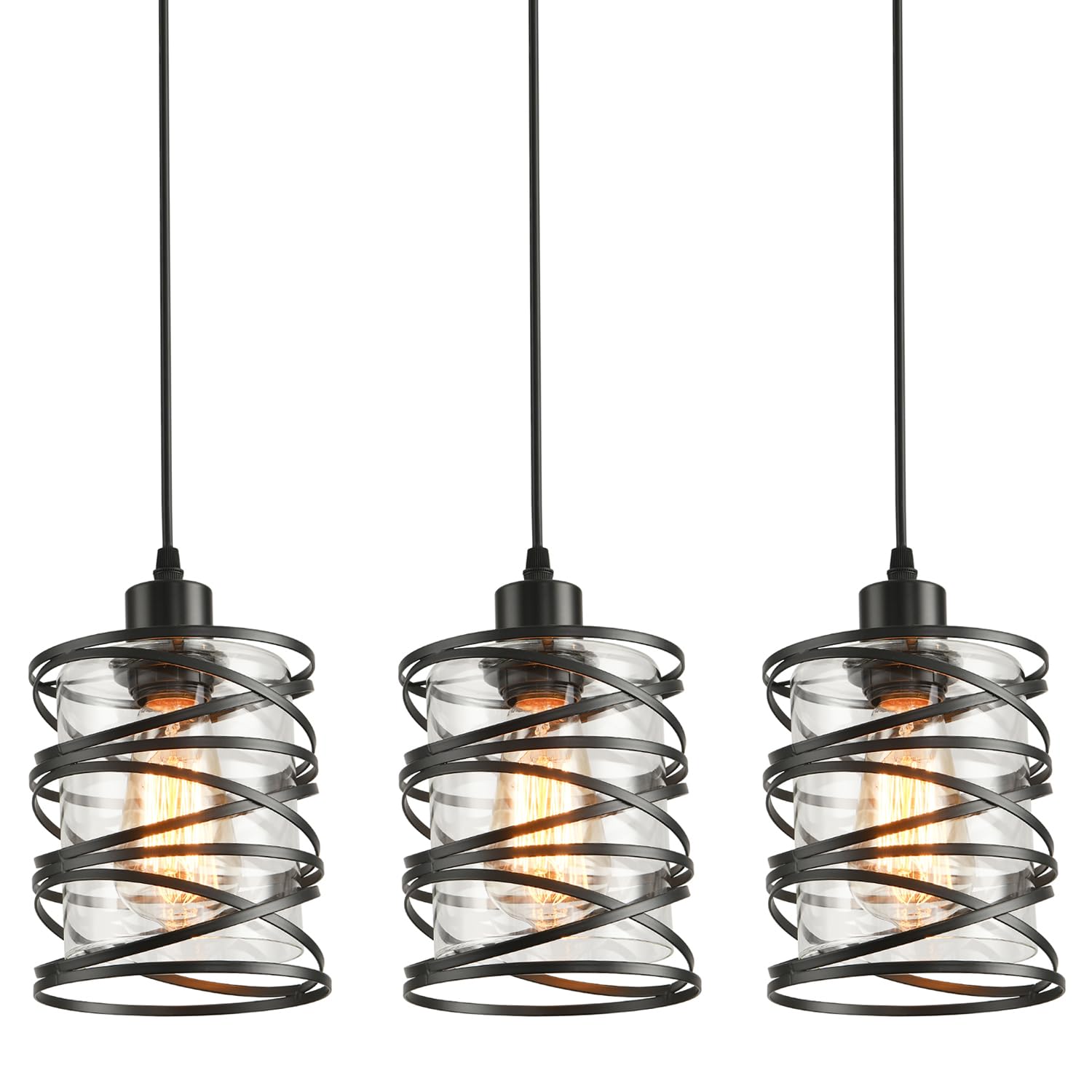 2 Pack Black Spiral Cage Pendant Lights with Clear Glass Shade, Suitable for Kitchen Island, Dining Table, Entryway, Restaurant