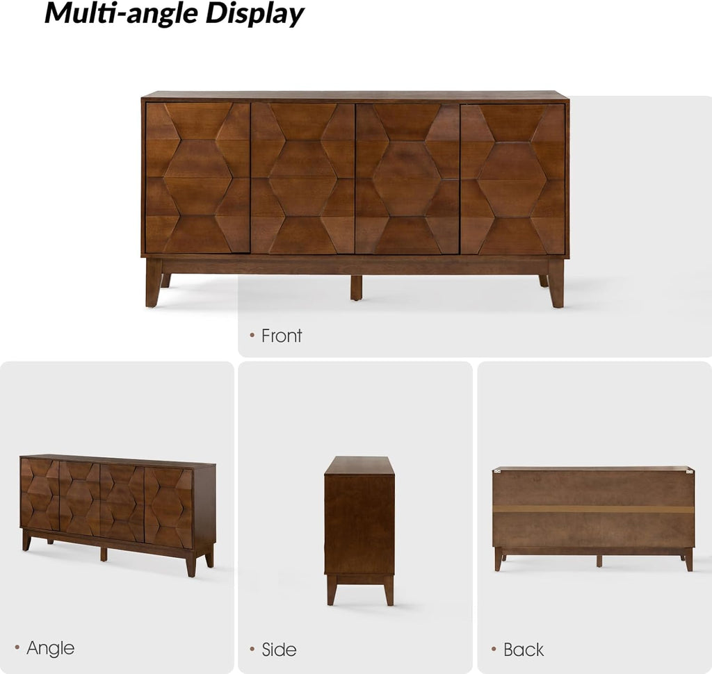 HULALA HOME Mid Century Sideboard Buffet Cabinet with Solid Wood Legs, 60" Kitchen Storage Cabinet Credenza with 4 Doors and 2 Shelves, Accent Console Table, Walnut