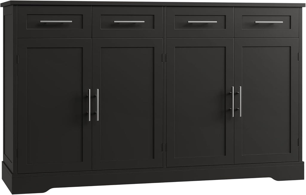 HOSTACK 60" Large Buffet Sideboard with Storage, 36" Tall Kitchen Buffet Storage Cabinet with 4 Drawer, Modern Coffee Bar Cabinet with Silver Handle, Long Sideboard Buffet Table for Kitchen, Black