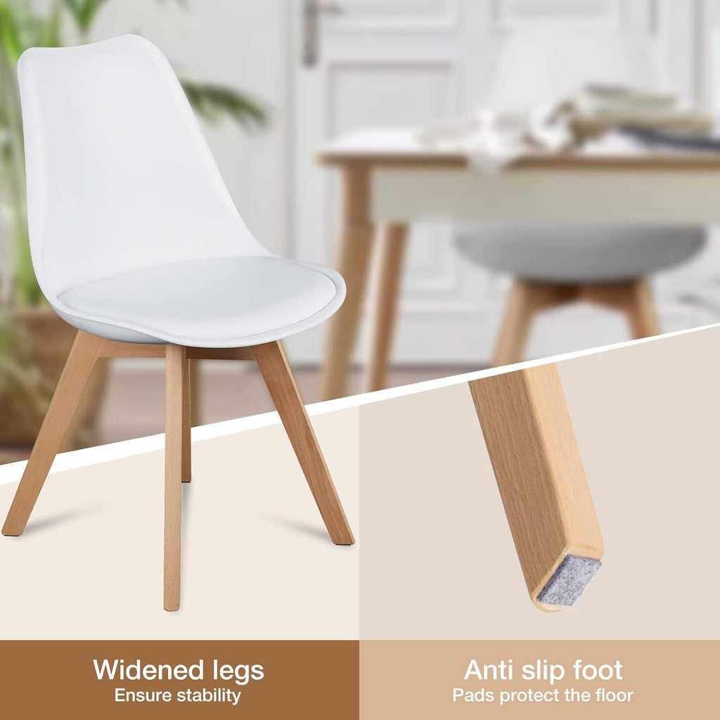 OLIXIS Set of 4 Dining Kitchen Mid-Century Modern Chairs with Wood Legs and PU Leather Cushion for Living Room Bedroom Outdoor Lounge, White
