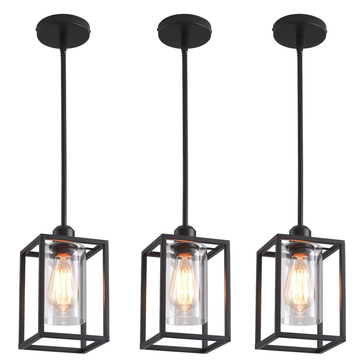 3 Pack Black Pendant Lights for Kitchen Island Industrial Lantern Pendant Light Fixtures with Clear Glass Shade, Farmhouse Adjustable Height Hanging Pendant Lighting for Dining Room