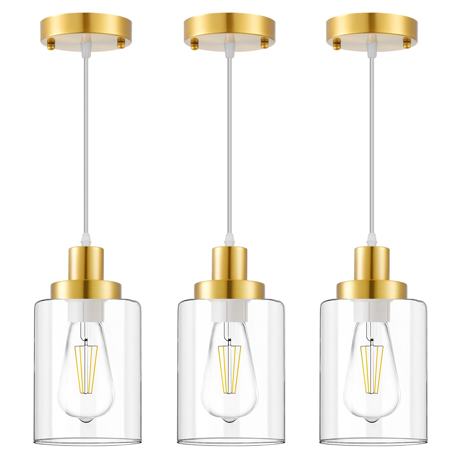 WimiSom Industrial Pendant Lighting, Modern Clear Glass Shade Farmhouse Adjustable Hanging Light Fixtures for Kitchen Island Living Room Bedroom Hallway, 3-Pack
