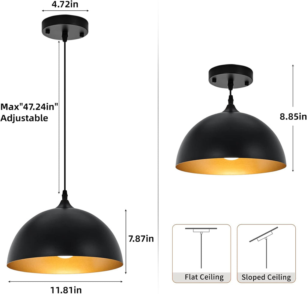 Farmhouse Pendant Lighting for Kitchen Island,Black and Gold Dome Pendant Light Fixtures, Industrial Hanging Ceiling Light for Dining Room Foyer Cafe Kitchen Sink,2 Pack