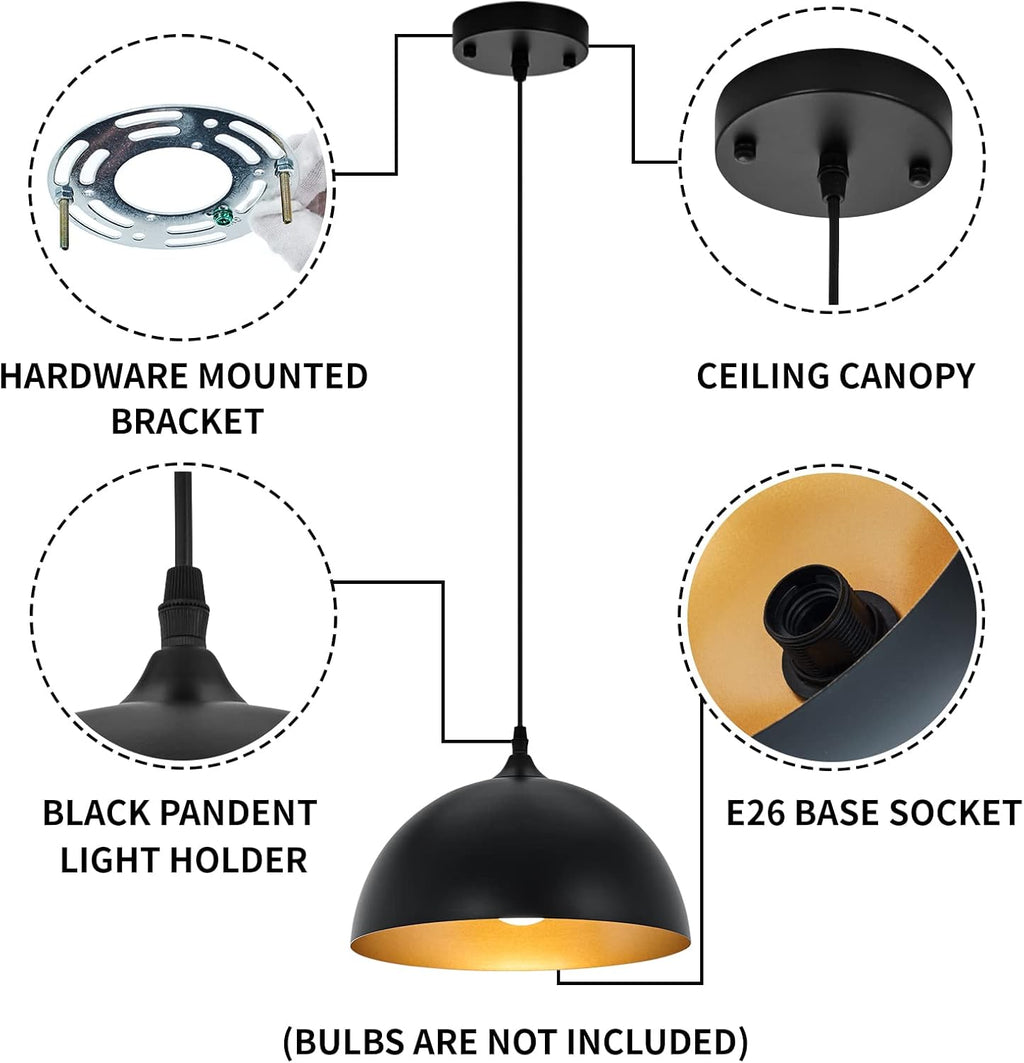 Farmhouse Pendant Lighting for Kitchen Island,Black and Gold Dome Pendant Light Fixtures, Industrial Hanging Ceiling Light for Dining Room Foyer Cafe Kitchen Sink,2 Pack