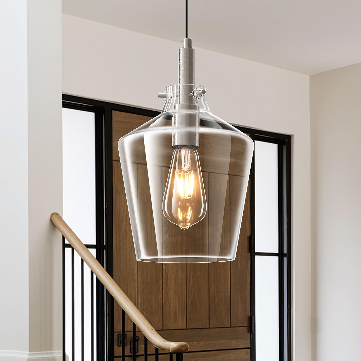 Modern Glass Pendant Lighting for Kitchen Island 2 Pack, Farmhouse Black and Gold Pendant Light Fixtures, Adjustable Hanging Ceiling Light, Angled Clear Glass Shades 8 Inch