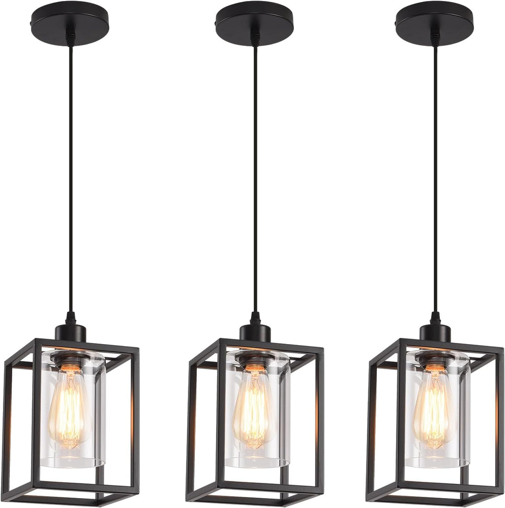 3 Pack Black Pendant Lights for Kitchen Island Industrial Lantern Pendant Light Fixtures with Clear Glass Shade, Farmhouse Adjustable Height Hanging Pendant Lighting for Dining Room