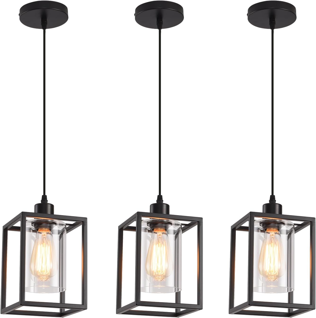 3 Pack Black Pendant Lights for Kitchen Island Industrial Lantern Pendant Light Fixtures with Clear Glass Shade, Farmhouse Adjustable Height Hanging Pendant Lighting for Dining Room