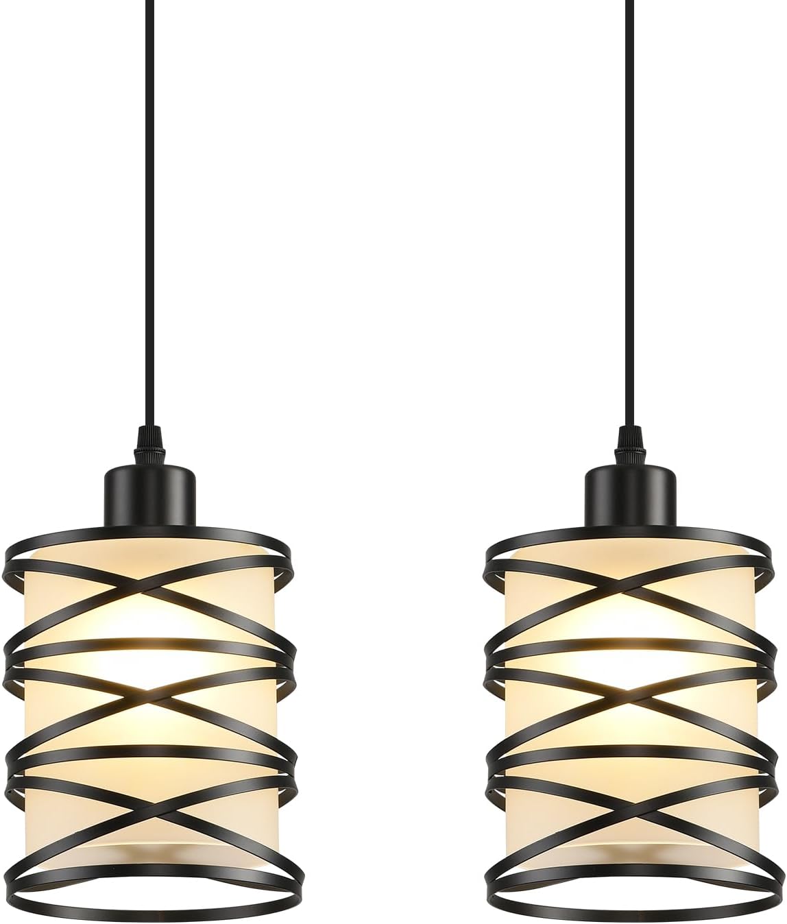 3 Pack Pendant Light Kitchen Island Pendant Lighting, Glass Hanging Light with Spiral Cage Clear Glass Shade, Black Modern Indoor Hanging Lamp