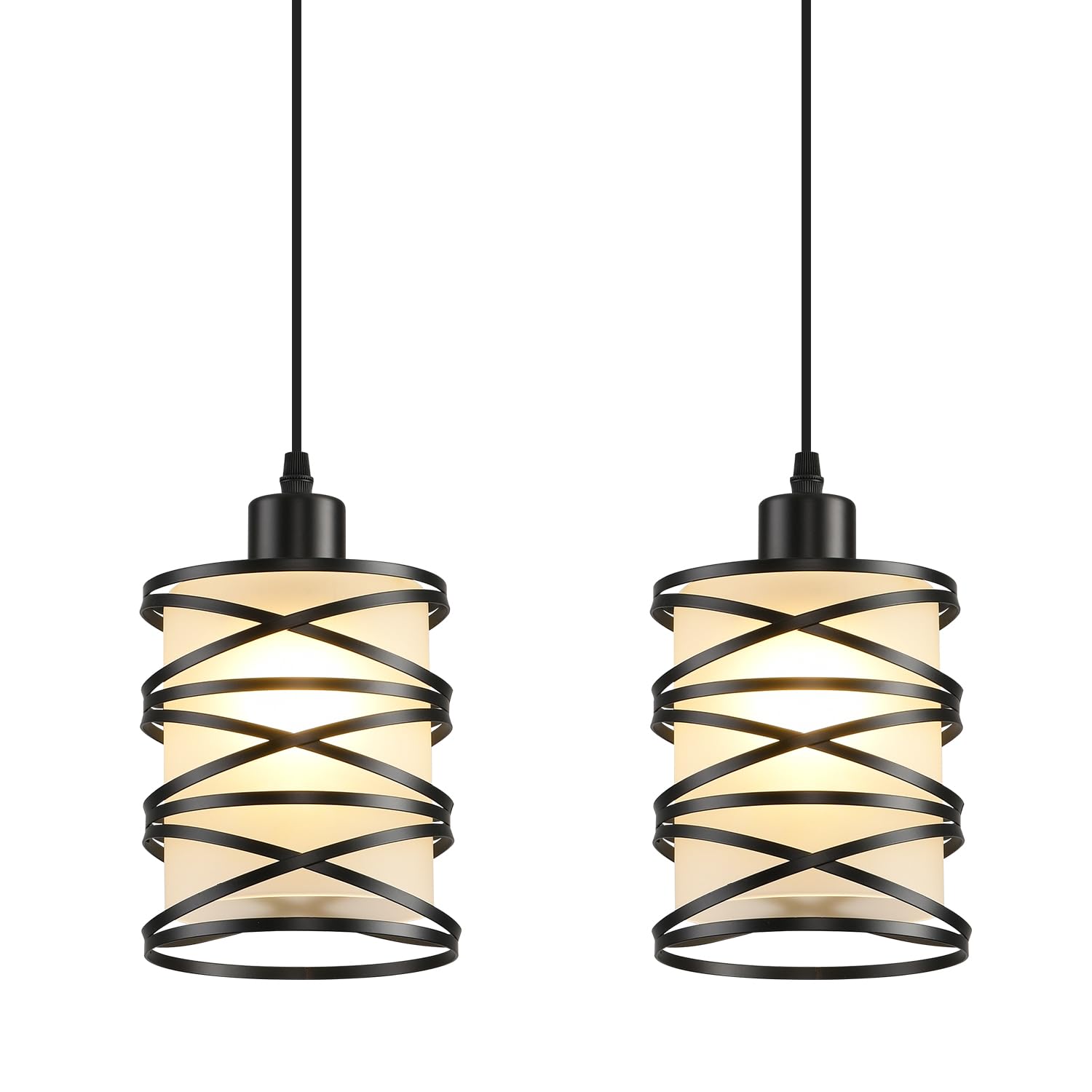 2 Pack Black Spiral Cage Pendant Lights with Clear Glass Shade, Suitable for Kitchen Island, Dining Table, Entryway, Restaurant