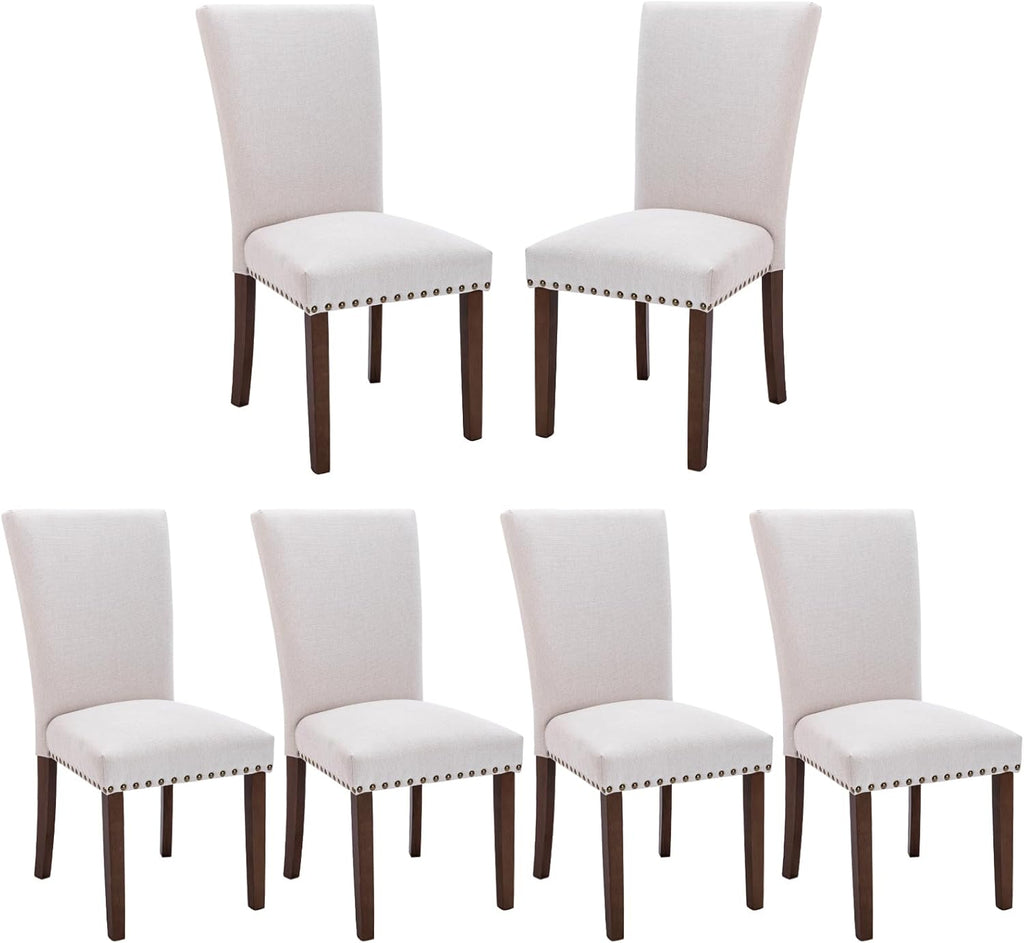COLAMY Upholstered Fabric Dining Chairs Set of 6, High Back Padded Chairs w/Nailed Trim & Solid Wood Legs, Classic Parsons Chairs Side Chair for Home/Kitchen/Living Room-Beige (A420-BEIGE-6pcs)
