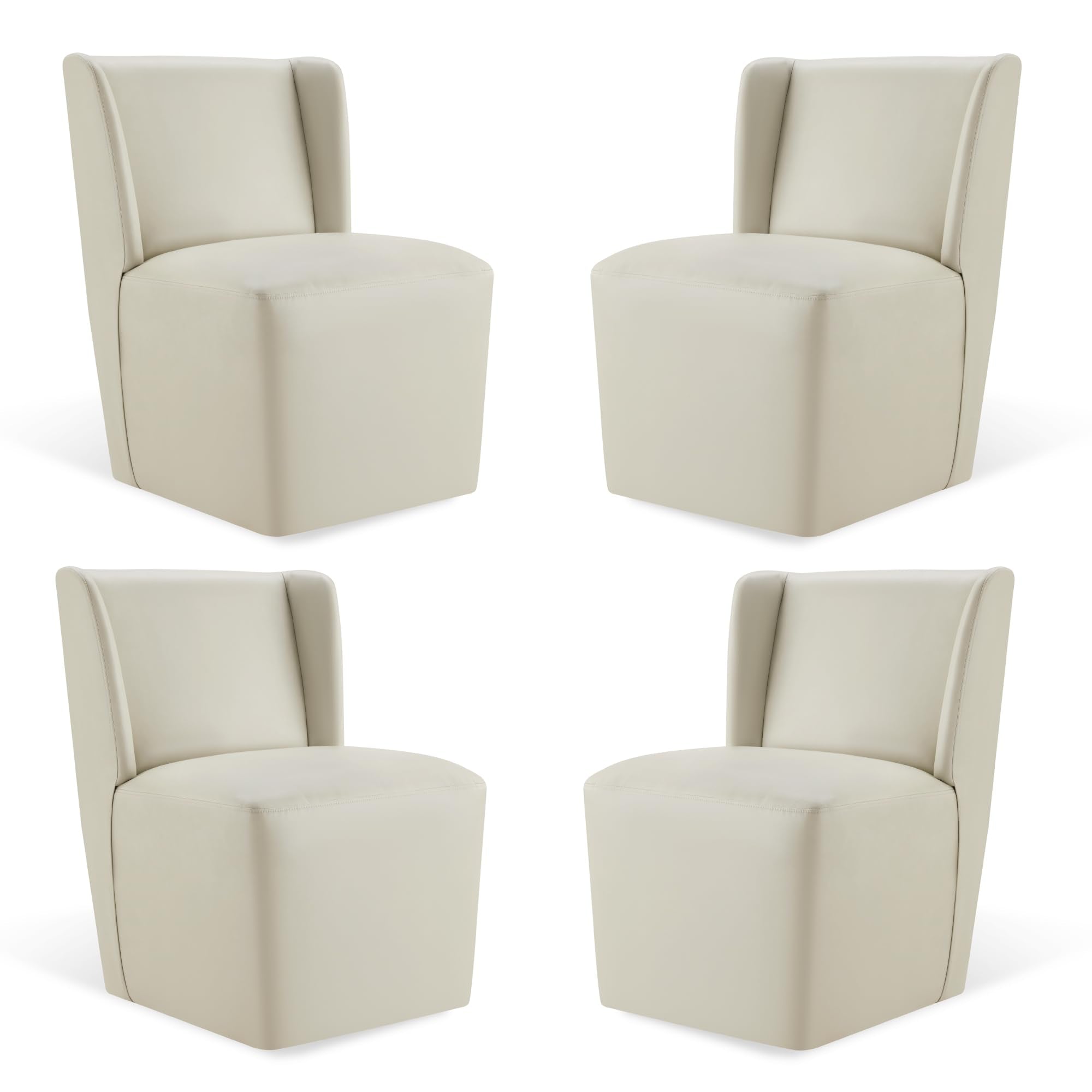 KISLOT Upholstered Dining Chairs Set of 4 with Casters, Wingback Modern Side Armless Deskchair with Rollers for Diningroom Bedroom Livingroom Reading Room, Cream Beige Fabric