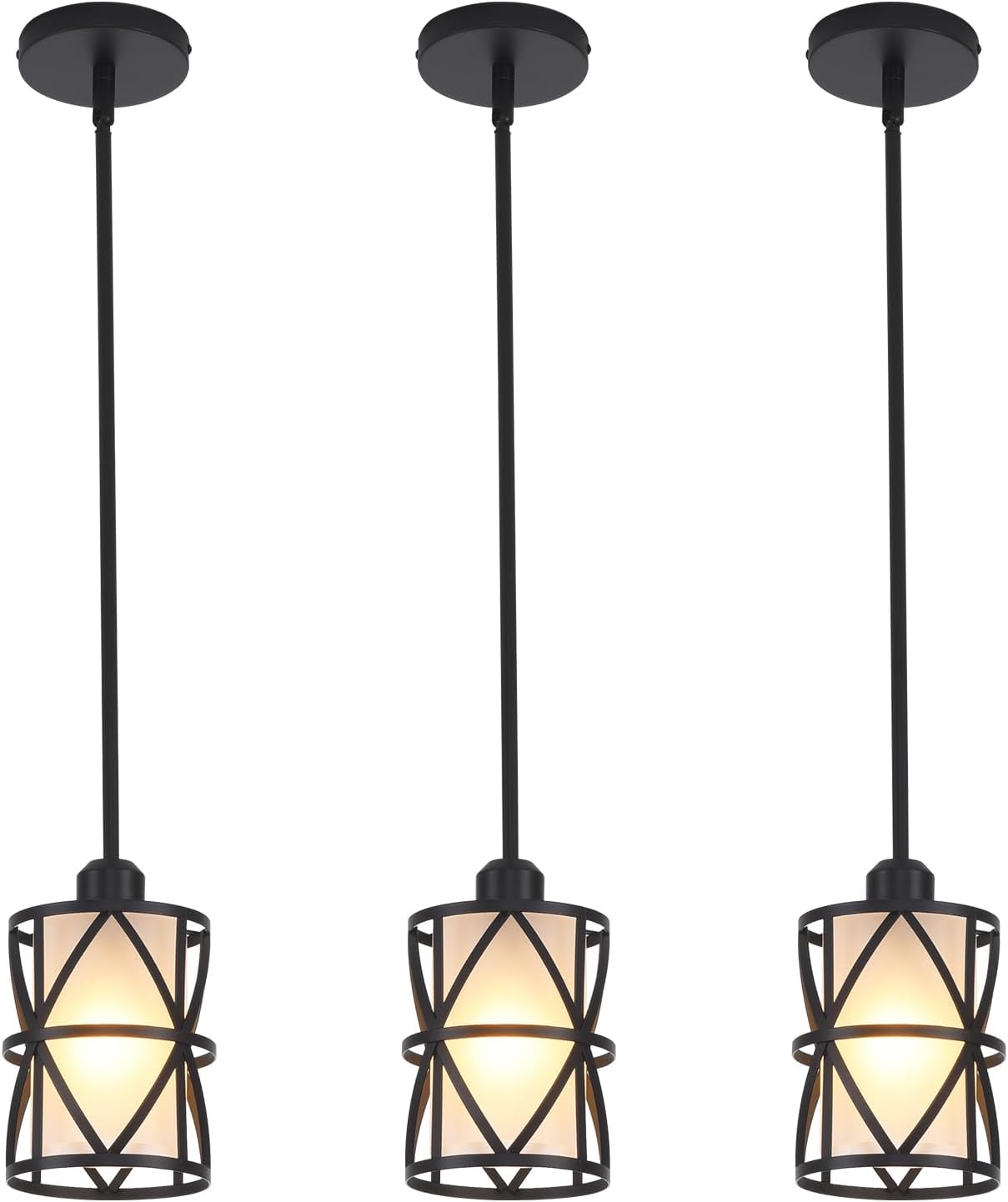3 Pack Pendant Light Kitchen Island Pendant Lighting, Glass Hanging Light with Spiral Cage Clear Glass Shade, Black Modern Indoor Hanging Lamp