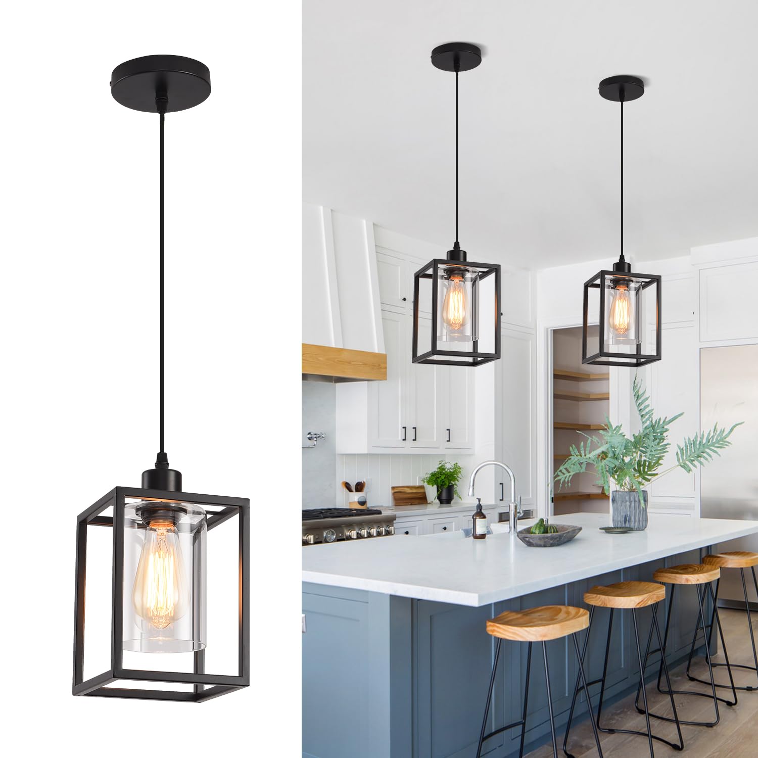 3 Pack Black Pendant Lights for Kitchen Island Industrial Lantern Pendant Light Fixtures with Clear Glass Shade, Farmhouse Adjustable Height Hanging Pendant Lighting for Dining Room