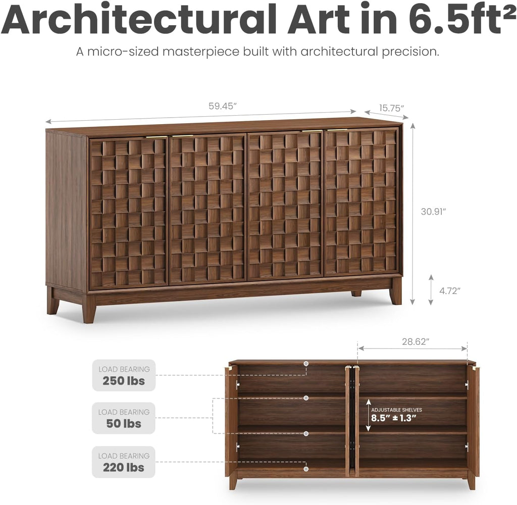 COLAMY Fluted Sideboard Cabinet with Storage – Solid Wood Buffet for Dining Room, Credenza Console with Adjustable Shelves, Walnut Finish, Mid Century Modern Style,Walnut Black