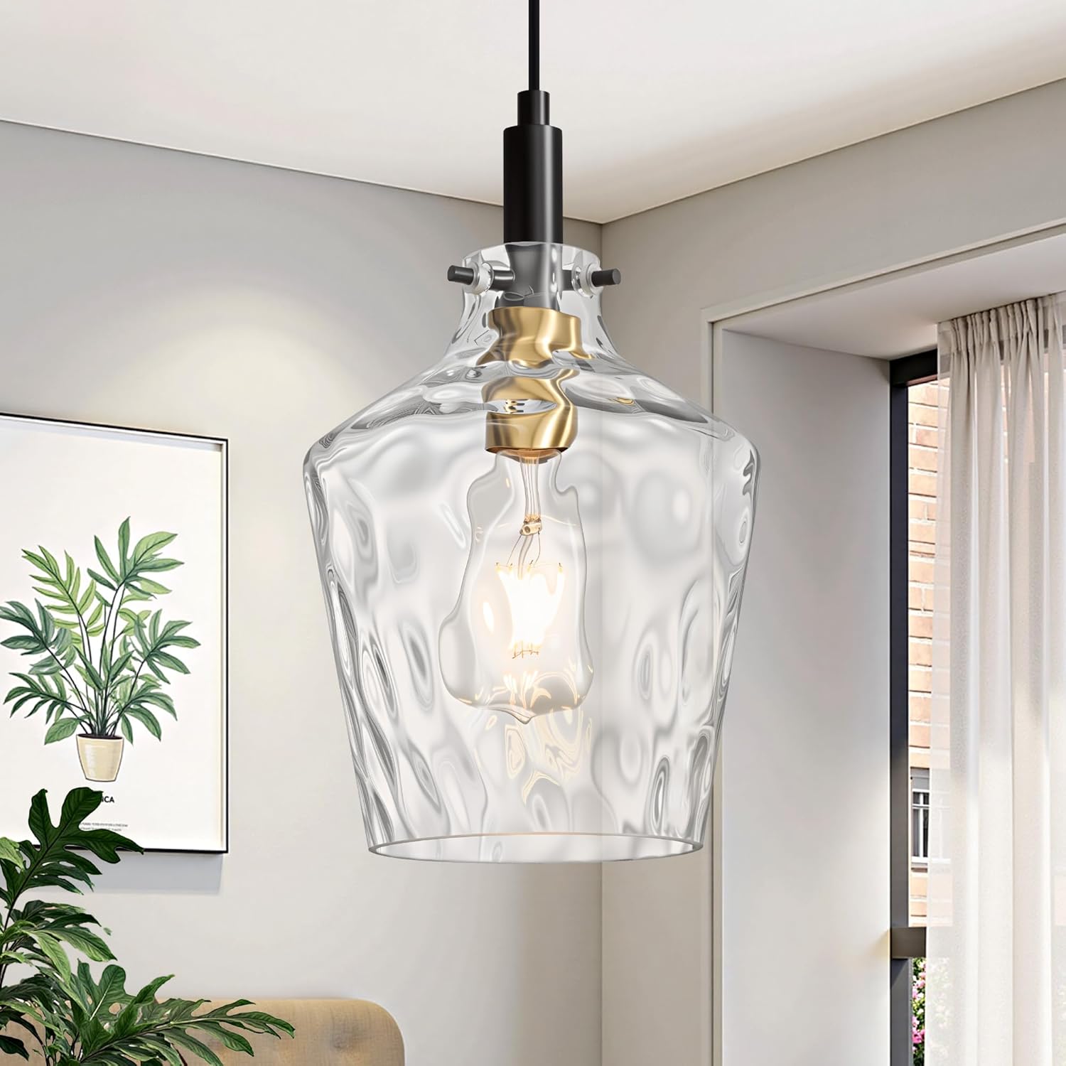 Modern Glass Pendant Lighting for Kitchen Island 2 Pack, Farmhouse Black and Gold Pendant Light Fixtures, Adjustable Hanging Ceiling Light, Angled Clear Glass Shades 8 Inch