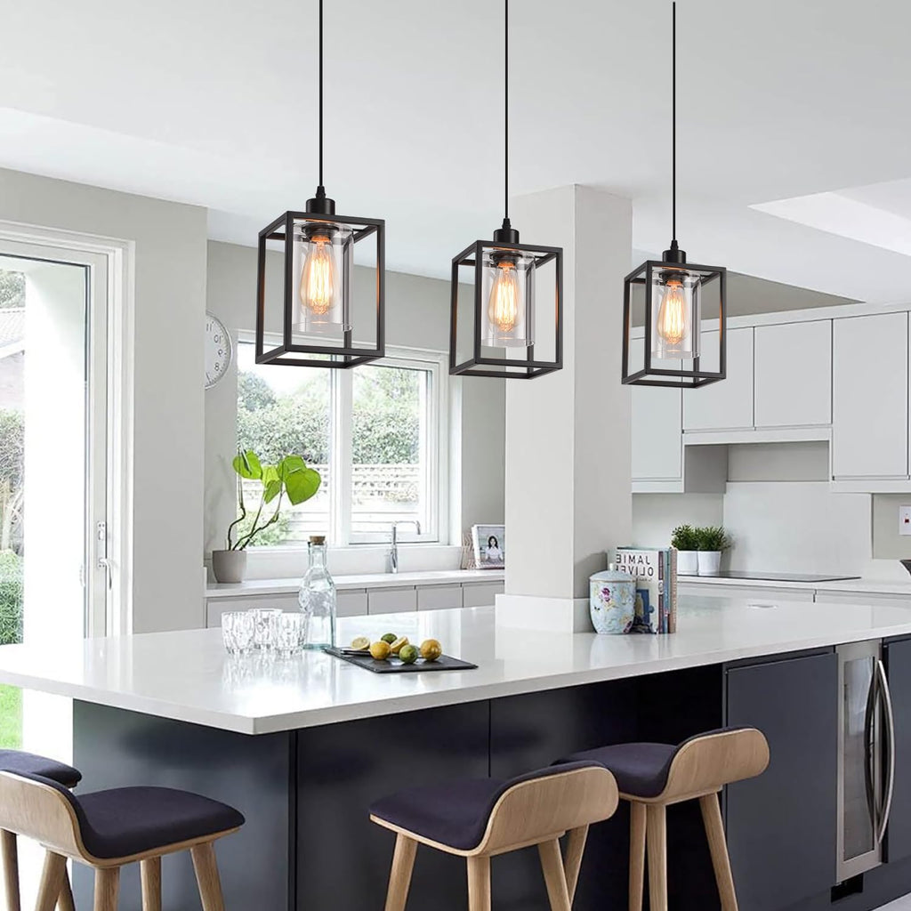 3 Pack Black Pendant Lights for Kitchen Island Industrial Lantern Pendant Light Fixtures with Clear Glass Shade, Farmhouse Adjustable Height Hanging Pendant Lighting for Dining Room