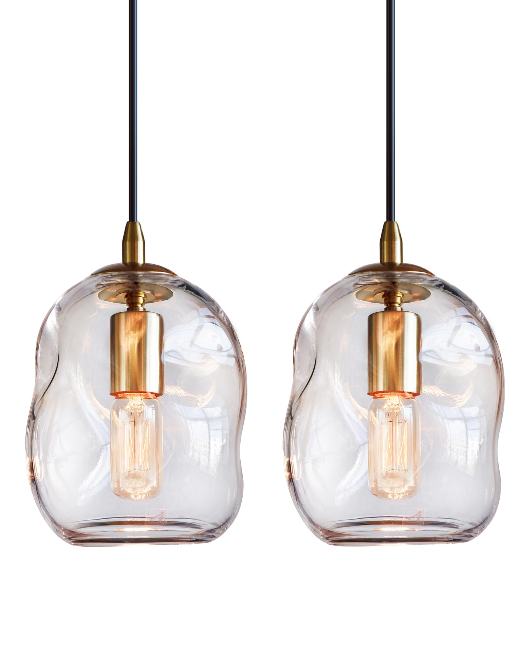 CASAMOTION Pendant Lights Kitchen Island 2 Pack Modern Contemporary Clear Glass Organic Globe Brass Gold Hanging Light Adjustable Cord Bedroom Dining Table Small Medium Lamp 8 Inch Height