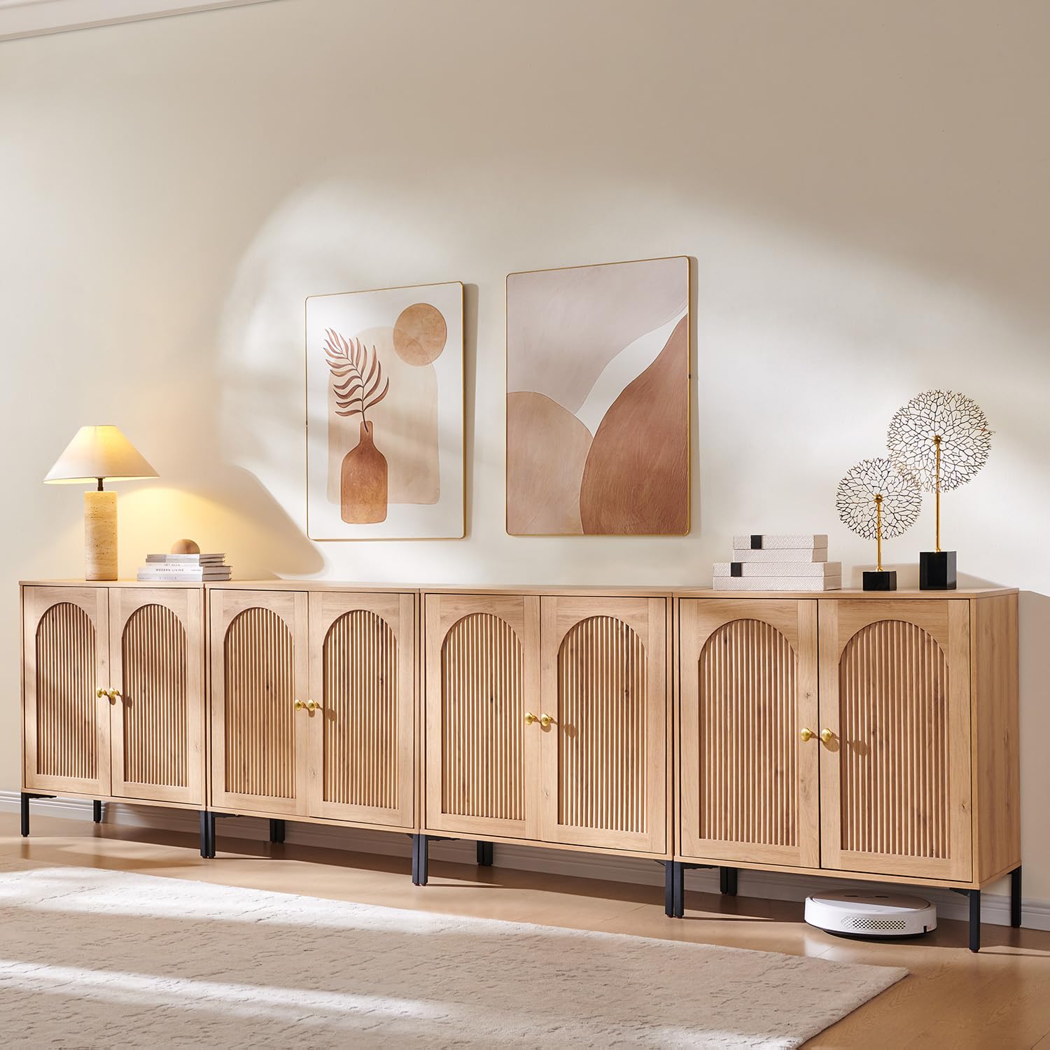 IFGET Modern Buffet Cabinet with Storage, 92.63" W Fluted Arched Sideboard Cabinet w/Adjustable Shelves, Wooden Modular Coffee Bar for Dining Room, Kitchen, Living Room, Entryway, Natural