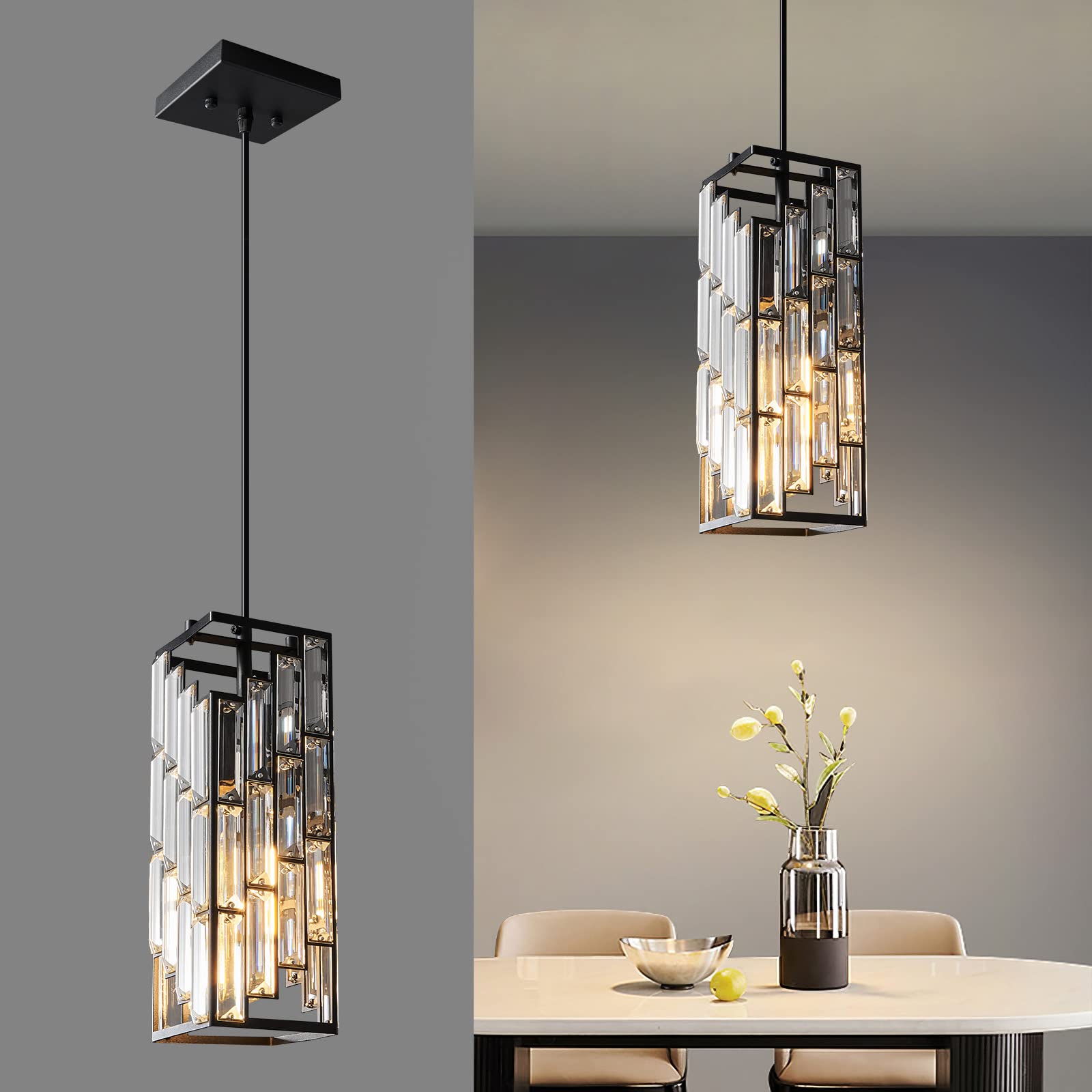 Black Pendant Lighting Modern Pendant Light, Mini Crystal Chandeliers,Adjustable Pendant Light Fixture for Kitchen Island Dinning Room Bedroom (3 Pack)