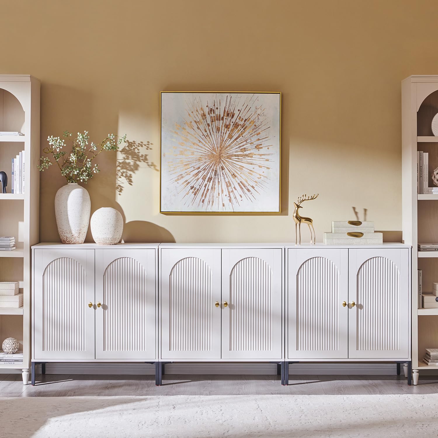 IFGET Modern Buffet Cabinet with Storage, 92.63" W Fluted Arched Sideboard Cabinet w/Adjustable Shelves, Wooden Modular Coffee Bar for Dining Room, Kitchen, Living Room, Entryway, Natural