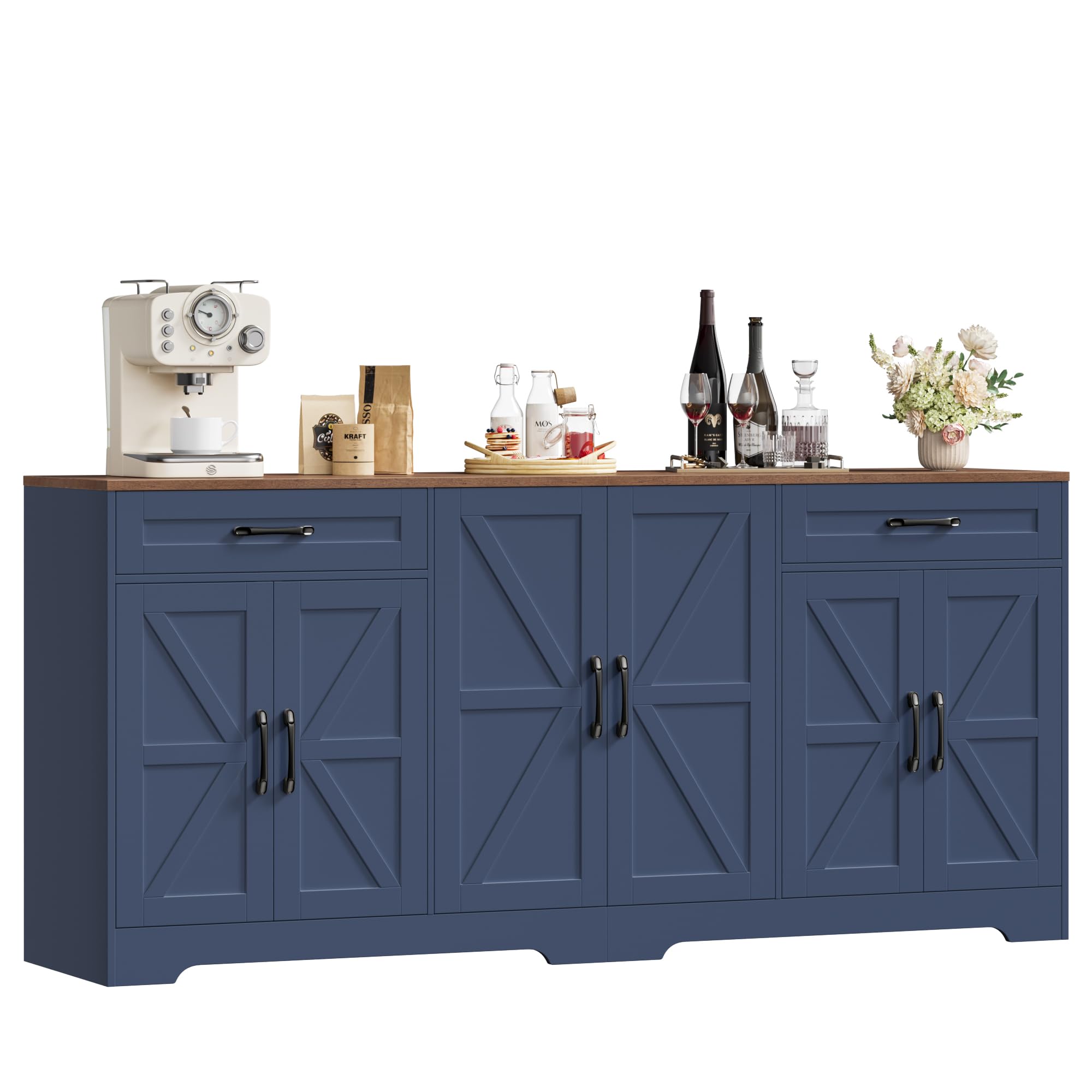 BOTLOG 71” Large Sideboard Buffet Cabinet with Storage, Farmhouse Kitchen Buffet Cabinet with Adjustable Shelves and 6 Barn Doors, Wood Coffee Wine Bar Console Table for Kitchen, Dining Room, White
